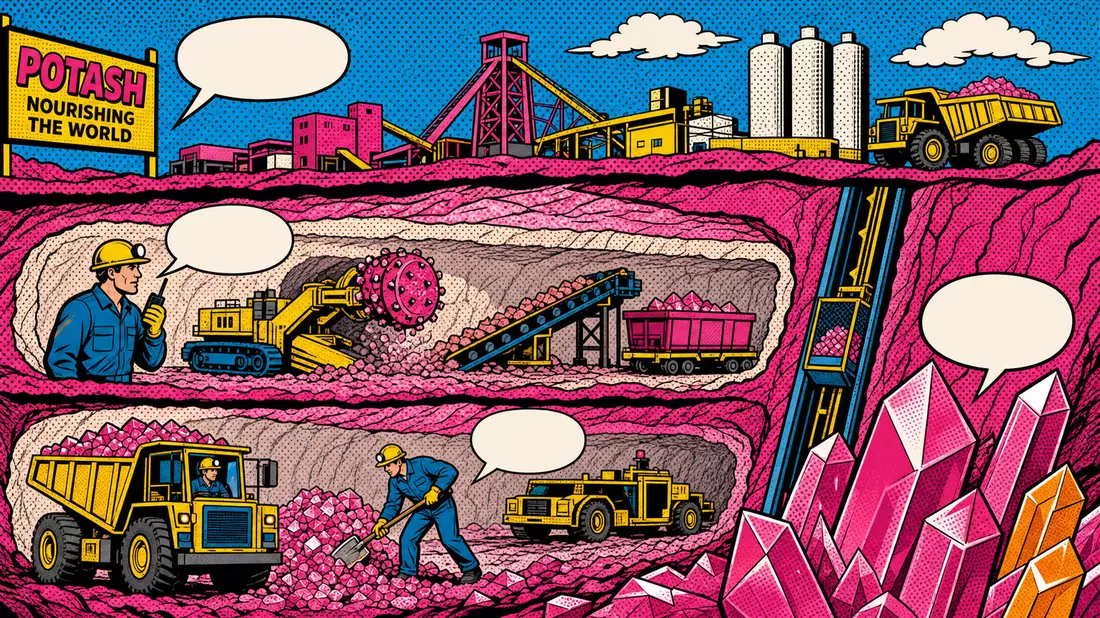 Pop-Art-Comic des Kalibergbaus mit Bergleuten, Maschinen und pinken Kristallen in Ben-Day-Rasteroptik