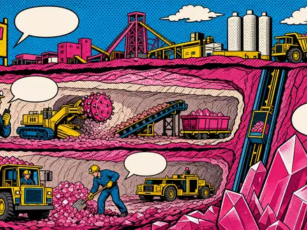 K+S AG Kalibergbau DE000KSAG888 als farbiger Pop-Art-Comic mit Bergleuten und pinken Kali-Kristallformationen - Foto: THN