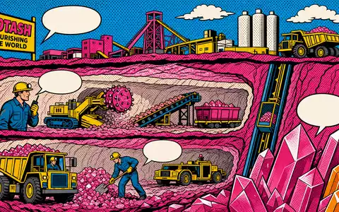 K+S AG Kalibergbau DE000KSAG888 als farbiger Pop-Art-Comic mit Bergleuten und pinken Kali-Kristallformationen - Foto: THN