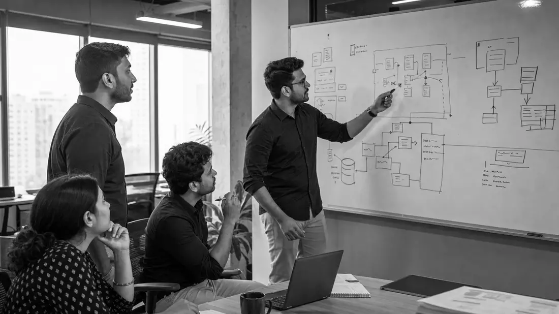 Schwarzweißfoto von IT-Beratern bei Diskussion vor Whiteboard mit Diagrammen