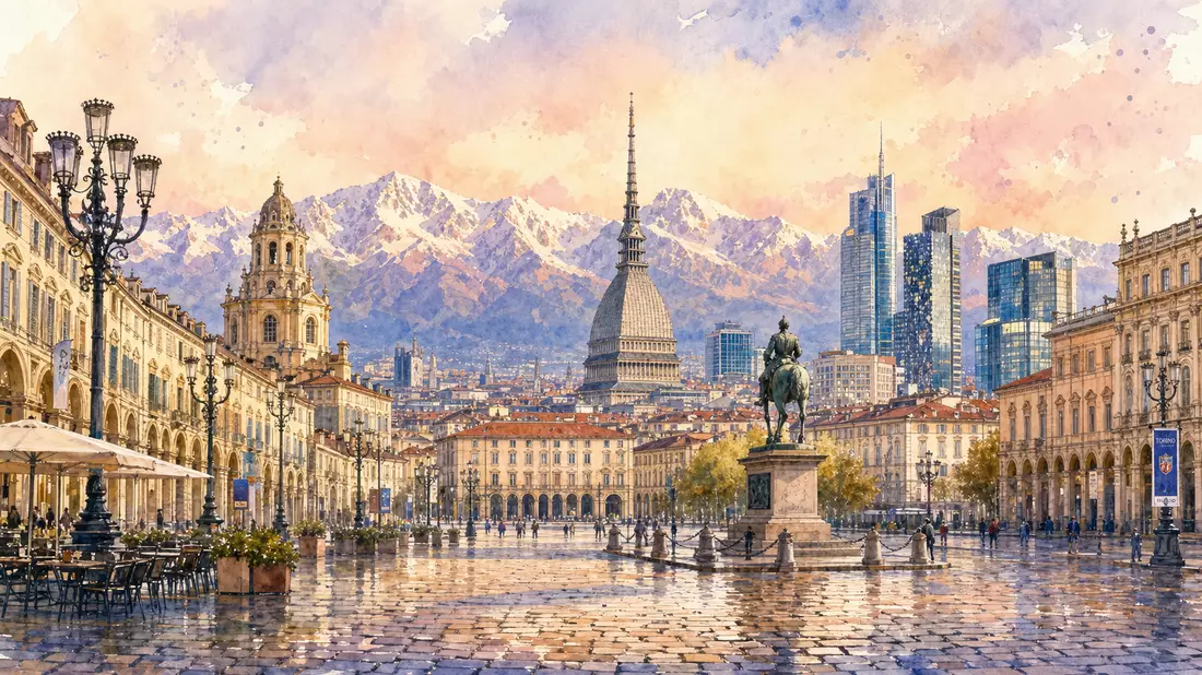 Aquarellbild der Stadt Turin mit Piazza, historischen Gebäuden und Alpen im Hintergrund