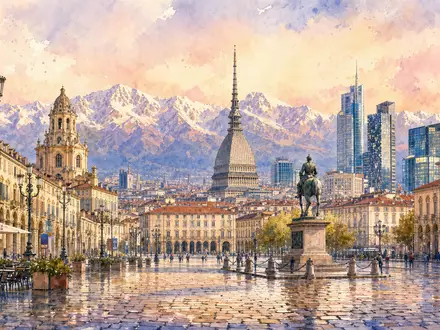 Aquarellmalerei zeigt Turin als Firmensitz von Reply S.p.A., ISIN IT0005282865, mit Piazza und Alpenpanorama - Foto: THN