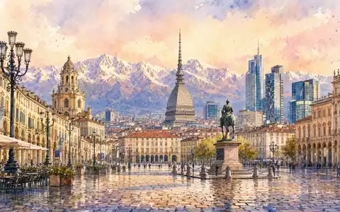 Aquarellmalerei zeigt Turin als Firmensitz von Reply S.p.A., ISIN IT0005282865, mit Piazza und Alpenpanorama - Foto: THN