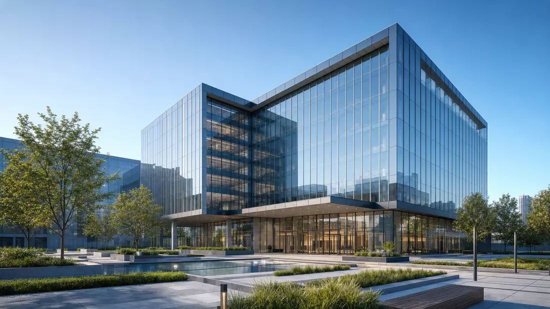 3D-Render eines modernen verglasten Bürohochhauses mit begrüntem Vorplatz