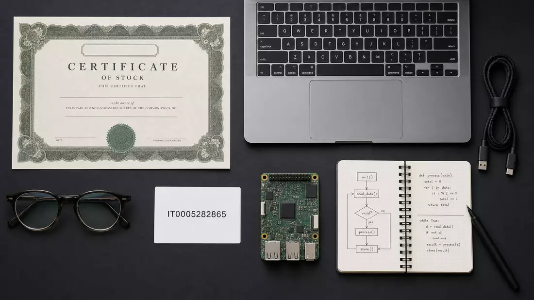Flatlay mit Aktienzertifikat, ISIN-Karte, Laptop, Platine und Notizbuch mit Code
