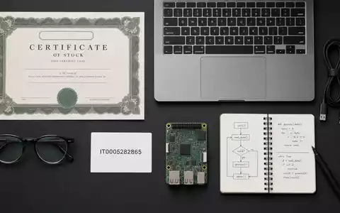 Flatlay-Arrangement mit Aktienzertifikat und ISIN-Karte IT0005282865 symbolisiert Investment in Reply S.p.A., ergänzt durch IT-Utensilien - Foto: THN