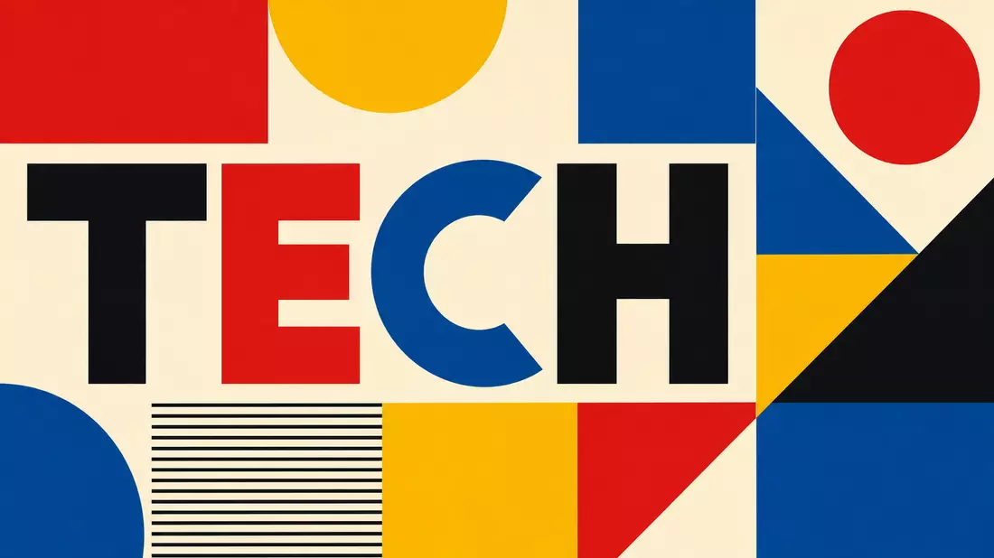 Geometrisches Bauhaus-Poster in Primärfarben mit großem Schriftzug TECH