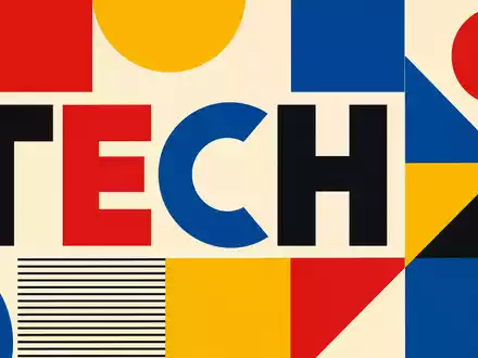 Bauhaus-Poster mit geometrischen Formen und Sektor-Schriftzug TECH repräsentiert die Branche von Reply S.p.A., ISIN IT0005282865 - Foto: THN