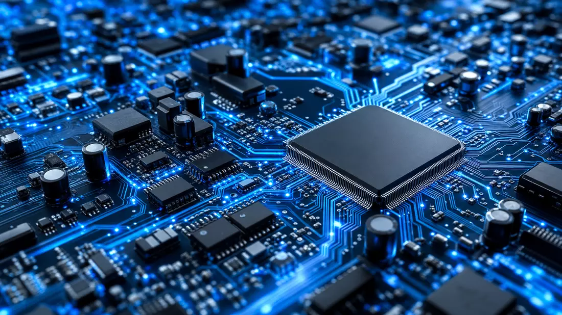 Extreme Nahaufnahme einer Platine mit leuchtend blauen Datenpfaden und Chips