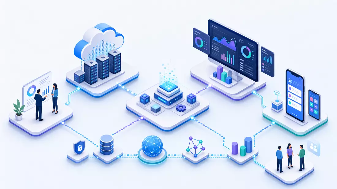 Isometrische Grafik mit Cloud, Servern, Dashboards und mobilen Geräten als Prozesskette