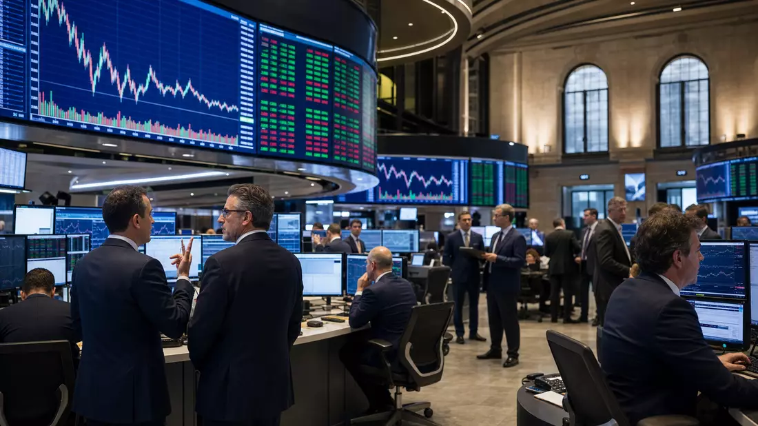 Trading-Floor mit großen Bildschirmen voller Aktiencharts und Händlern in Anzügen