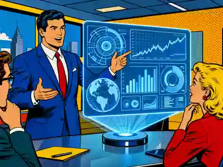 Pop-Art-Comic-Illustration zeigt IT-Berater bei Präsentation eines Hologramm-Dashboards, thematisch passend zu Reply S.p.A., ISIN IT0005282865 - Foto: THN