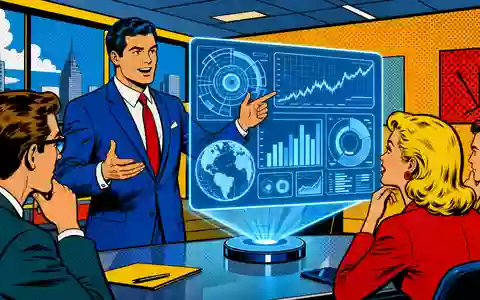 Pop-Art-Comic-Illustration zeigt IT-Berater bei Präsentation eines Hologramm-Dashboards, thematisch passend zu Reply S.p.A., ISIN IT0005282865 - Foto: THN