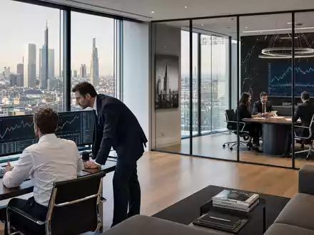 Fotorealistisches Büro von Azimut Holding S.p.A. mit ISIN IT0001050910 zeigt Portfolioanalyse in Mailand - Foto: THN