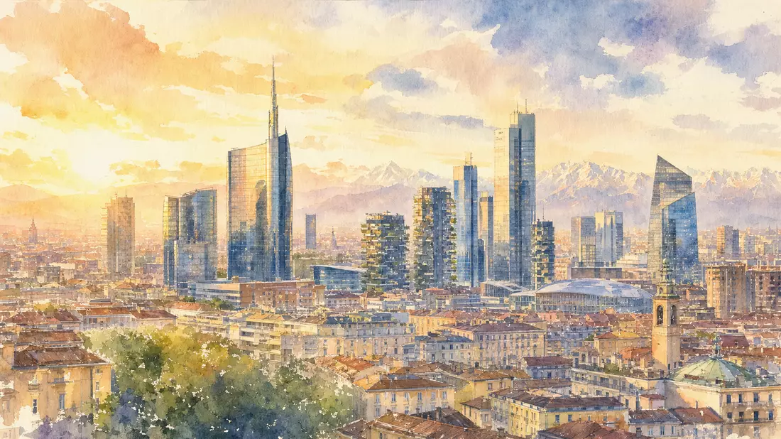 Aquarellbild der Mailänder Finanzdistrikt-Skyline im warmen Abendlicht