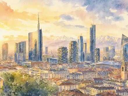 Aquarellmalerei der Mailänder Skyline symbolisiert den Firmensitz von Azimut Holding S.p.A., ISIN IT0001050910, im Finanzviertel - Foto: THN