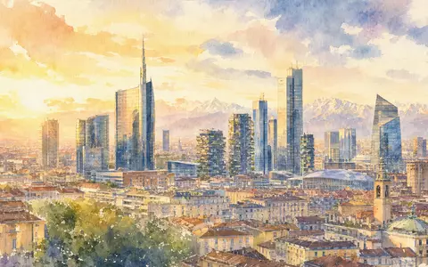 Aquarellmalerei der Mailänder Skyline symbolisiert den Firmensitz von Azimut Holding S.p.A., ISIN IT0001050910, im Finanzviertel - Foto: THN