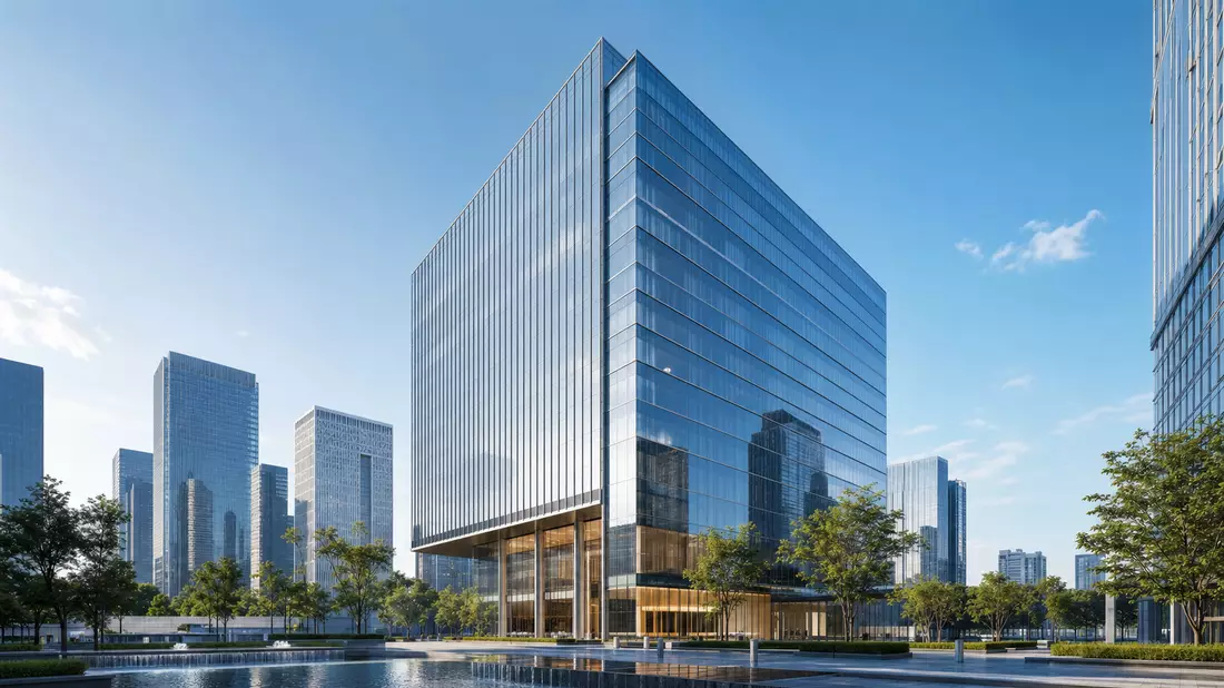 Modernes gläsernes Hochhaus als Architekturvisualisierung im Finanzviertel