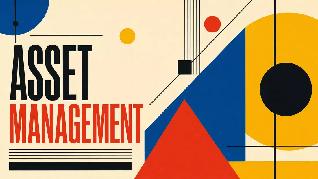 Geometrisches Bauhaus-Poster mit dem Schriftzug Asset Management in Primärfarben