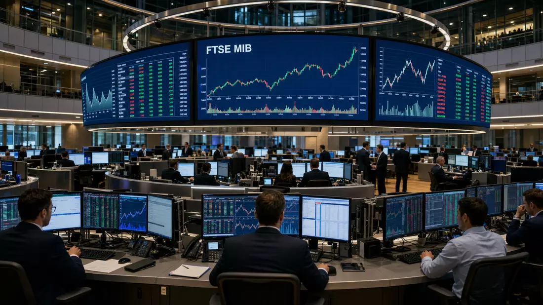 Trading-Floor mit großen Bildschirmen und FTSE MIB Kursverlauf im Finanzsektor