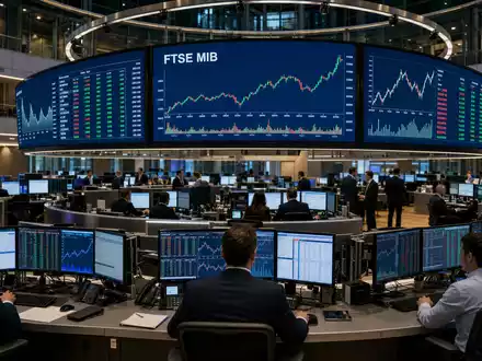 Börsen-Editorialfoto vom Trading-Floor mit FTSE-MIB-Charts passt zu Azimut Holding S.p.A., ISIN IT0001050910, im Index gelistet - Foto: THN