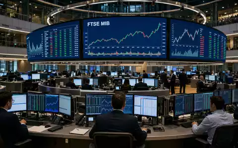Börsen-Editorialfoto vom Trading-Floor mit FTSE-MIB-Charts passt zu Azimut Holding S.p.A., ISIN IT0001050910, im Index gelistet - Foto: THN