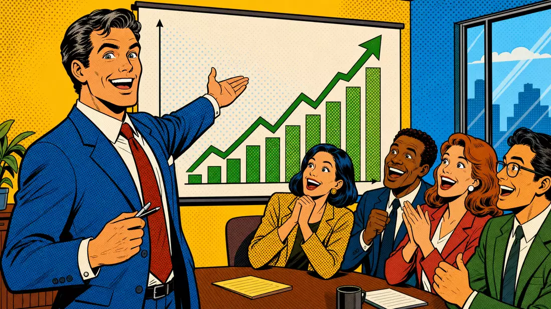 Bunte Pop-Art-Comic-Szene eines Finanzberaters mit steigendem Wachstumschart