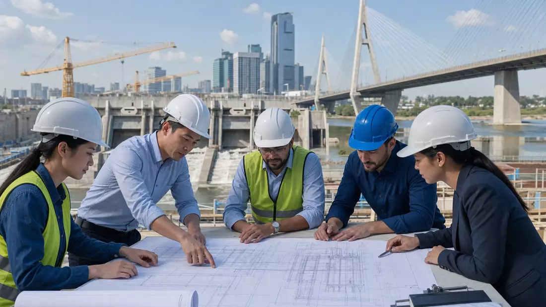 Ingenieure mit Helmen prüfen Baupläne vor Brücke und Skyline im Freien