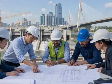 Ingenieurteam von Arcadis N.V. (ISIN NL0006237562) prüft Baupläne an moderner Infrastrukturbaustelle mit Brücke - Foto: THN