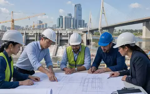 Ingenieurteam von Arcadis N.V. (ISIN NL0006237562) prüft Baupläne an moderner Infrastrukturbaustelle mit Brücke - Foto: THN