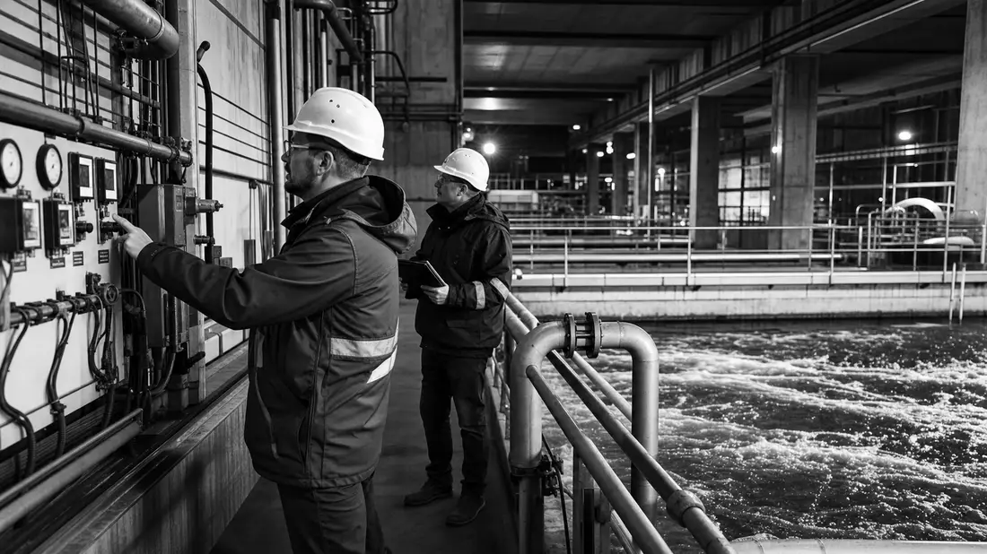 Zwei Ingenieure mit Helmen inspizieren nachts eine Wasseraufbereitungsanlage