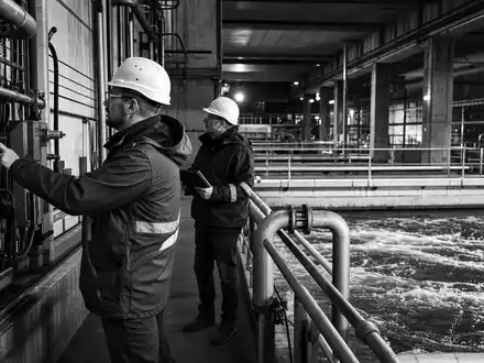 Schwarzweiß-Reportage zeigt Arcadis N.V. (ISIN NL0006237562) Ingenieure bei nächtlicher Inspektion einer großen Wasseraufbereitungsanlage - Foto: THN