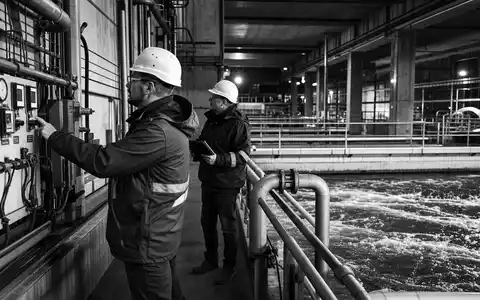 Schwarzweiß-Reportage zeigt Arcadis N.V. (ISIN NL0006237562) Ingenieure bei nächtlicher Inspektion einer großen Wasseraufbereitungsanlage - Foto: THN