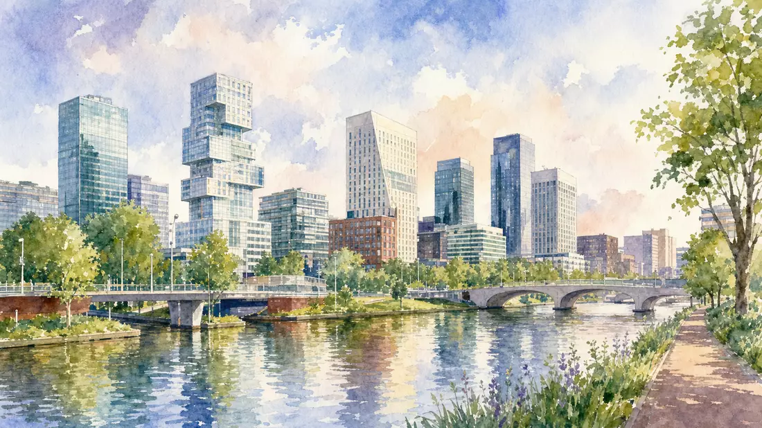 Aquarellbild von modernen Hochhäusern, Brücken und Kanal in Amsterdam