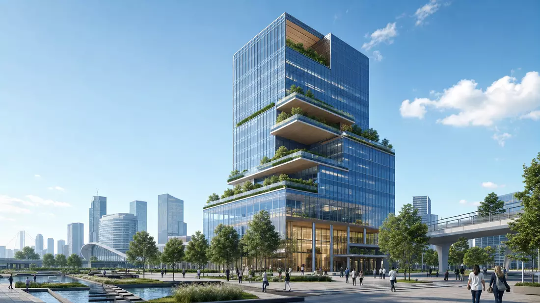 3D-Render eines modernen Glasturms mit begrünten Terrassen und Skyline