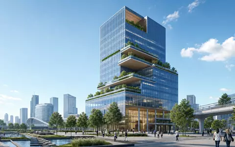 Architektur-Render eines nachhaltigen Glas-Hochhauses passend zum Geschäftsfeld von Arcadis N.V. (ISIN NL0006237562) - Foto: THN