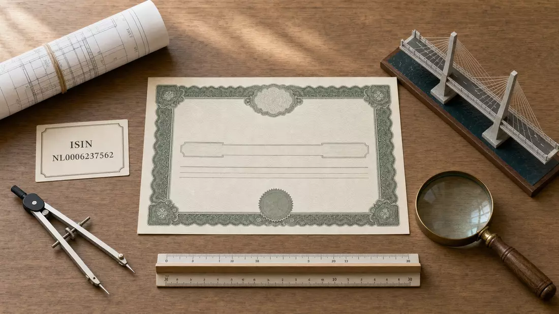 Flatlay mit Zertifikat, ISIN-Karte, Lineal, Zirkel und Brückenmodell