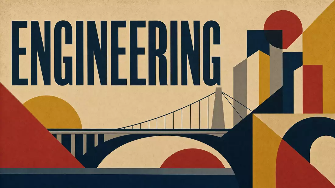 Geometrisches Poster mit Brücke, Gebäuden und Schriftzug ENGINEERING