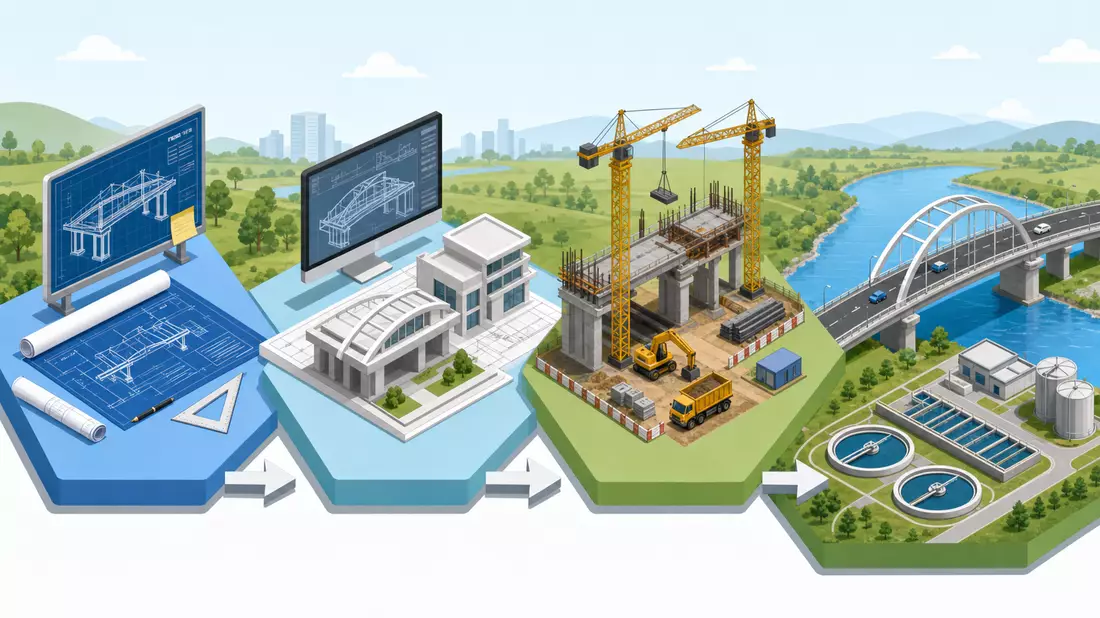 Isometrische Grafik mit Planung, Design, Bau und fertiger Infrastruktur