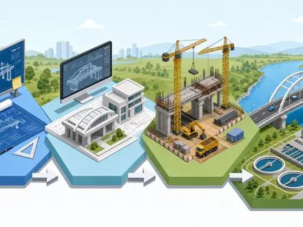 Isometrisches Diagramm zeigt Projektlebenszyklus von Planung bis Betrieb typisch für Arcadis N.V. (ISIN NL0006237562) - Foto: THN