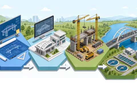 Isometrisches Diagramm zeigt Projektlebenszyklus von Planung bis Betrieb typisch für Arcadis N.V. (ISIN NL0006237562) - Foto: THN