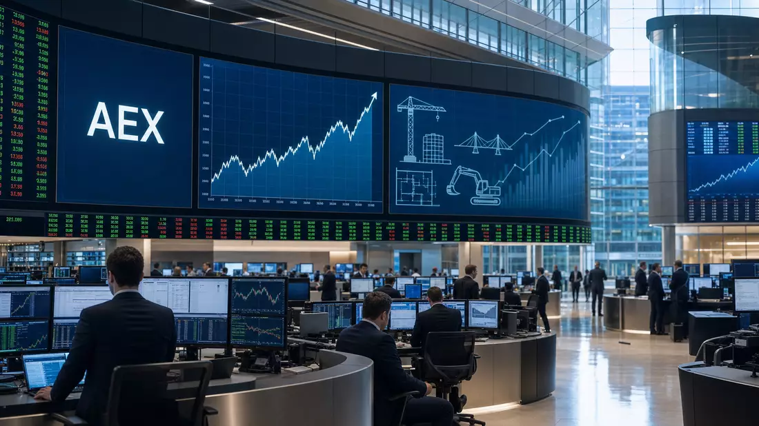 Trading-Floor mit AEX-Anzeige und Charts zur Bauindustrie im Hintergrund