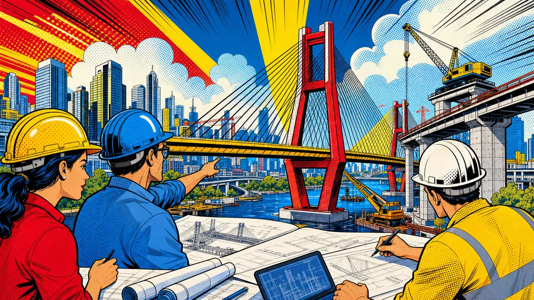 Bunte Comic-Illustration von Ingenieuren vor Brückenbaustelle mit Kran