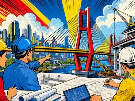 Pop-Art-Comic zeigt Ingenieure an bunter Brückenbaustelle passend zum Geschäft von Arcadis N.V. (ISIN NL0006237562) - Foto: THN