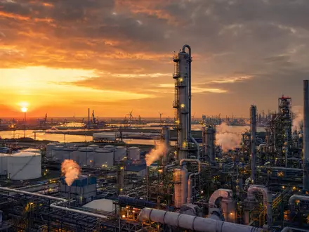 OCI N.V. NL0010558797 betreibt eine große Stickstoffdünger- und Methanolanlage im Industriehafen bei Sonnenuntergang - Foto: THN
