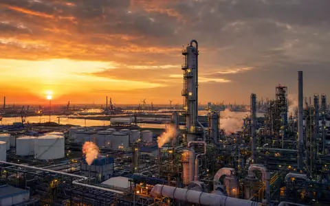 OCI N.V. NL0010558797 betreibt eine große Stickstoffdünger- und Methanolanlage im Industriehafen bei Sonnenuntergang - Foto: THN