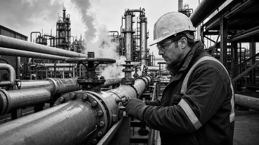Schwarzweiß-Dokumentarfoto eines Arbeiters an Industrierohren mit Dampf