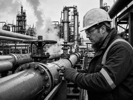 OCI N.V. NL0010558797 zeigt in dieser Schwarzweiß-Reportage einen Arbeiter an Rohrleitungen der Düngemittelanlage - Foto: THN