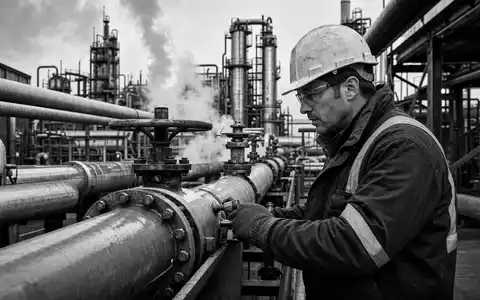 OCI N.V. NL0010558797 zeigt in dieser Schwarzweiß-Reportage einen Arbeiter an Rohrleitungen der Düngemittelanlage - Foto: THN