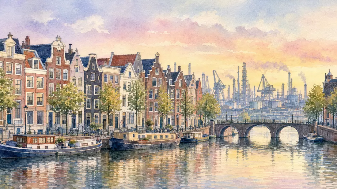Aquarellmalerei von Amsterdamer Grachtenhäusern mit Industriesilhouette im Hintergrund